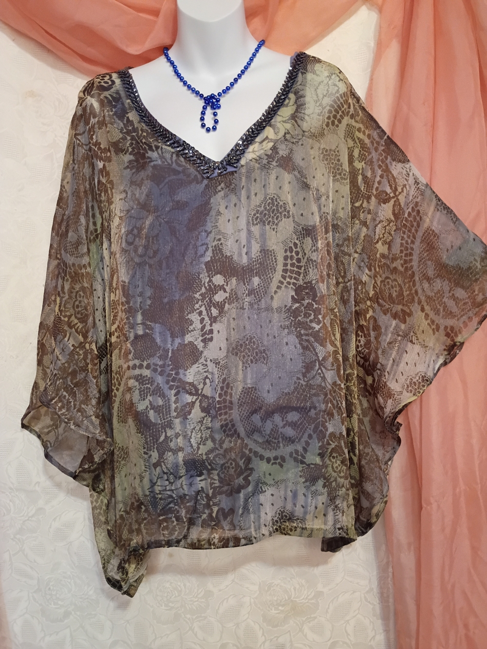Avenue Ladies Sheer Animal-Print V-Neck Blouse in Brown and Blue Sz 18/20